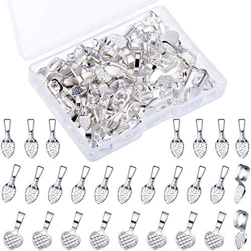 Yaomiao 100 Pieces Spoon Glue on Bails Pendant Jewelry Bails Shiny Silver Color Oval Heart Shape Glue on Necklace Earring Pendant Small Spoon Charms for DIY Jewelry Making Craft Supplies Glass Tiles