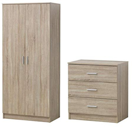 Timber Art Design 2 Piece Duo Bedroom Furniture Set Includes 3 Drawer Chest & Wardrobe Cabinet Organiser For Home, Living Room With Chrome Metal Handles Sonoma Oak Finish