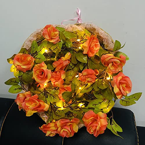 Riaxuebiy 7.5ft 20 LED String Lights 17 Head Rose Flower Artificial Ivy Fake Garland Green Leaf Plants Vine Battery Operate Fairy String Lights Hanging for Wedding Party Home Wall Decor (Champagne)