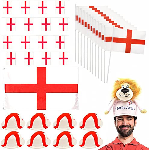 England Football Kostümparty-Dekorationspaket – 40 Stück Englische Fußball-Fans – St Georges Kreuz-Flagge, Englische Flagge, Rayon-Wimpelkette, Handflaggen, Bowler-Hüte und Löwenhut