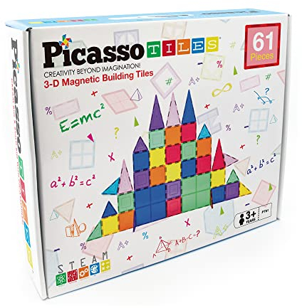 PicassoTiles 61 Piece Magnetic Building Block 61pc Set Magnet Tile Construction Toy Educational Kit Engineering STEM Learning Playset Creative Child Brain Development Stacking Blocks Playboards PT61