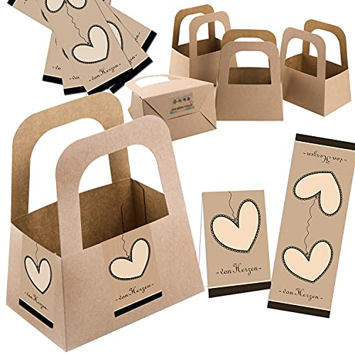 Logbuch-Verlag 5 kleine Geschenkkörbe Kraftpapier + 10 Aufkleber VON HERZEN - Verpackung mit Tragegriff für kleine Geschenke