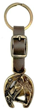 JA Horse Porte-clés en cuir cuivre fer à cheval cheval lettre A-Z fabriqué en Europe, Tête de cheval en bronze, 10 cm