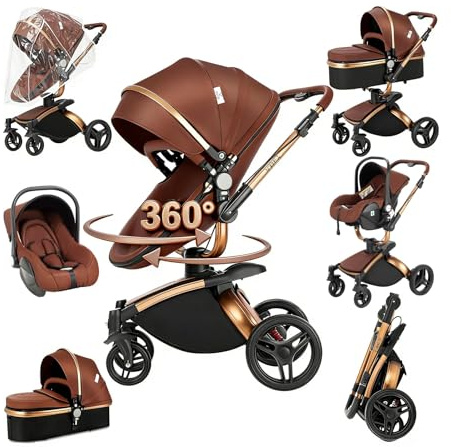 Poussettes Combinées Poussette 3 en 1 Tricycle Baby Walker Poussette Haute Paysage Poussettes Pliantes Trolley Bébé Landau pour Bébé 0-36 Mois (Marron 3 en 1)
