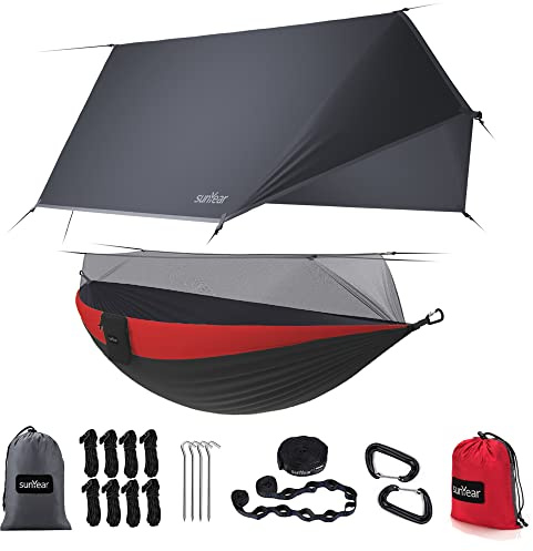 Sunyear Camping Hammock-Hammocks with Net and Rain Fly Tarp - Portable Single&Double Lightweight Nylon Parachute Hammocks with Hammock Tree Straps for Backpacking Hiking Travel Camping Indoor Outdoor