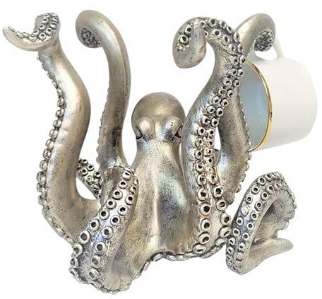 BestGiftEver Oktopus-Kaffeetassenhalter im Vintage-Stil in Silbertönen – Küche Esszimmer Bar Statue Zubehör | Octopus Kaffeetassenhalter Ständer für Arbeitsplatte | dekorative Tischdekoration