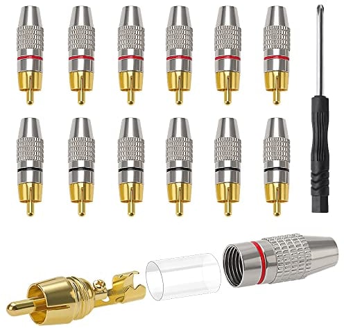 KUOQIY 12 Stück RCA Löten Verbinder, Vergoldeter Lautsprecher Phono Cinch Stecker, Cinch Stecker Adapter, RCA-Stecker Lötfrei, mit Schraubendreher, für Multimedia und CCTV (6 Schwarz + 6 Rot)