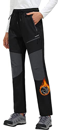 MOCOLY Damen Wanderhose Winter Fleece Gefütterte Warm Trekkinghose Softshellhose wasserdichte Thermo Outdoor Hosen Skihose Schneehose Jagdhose Funktionshose Arbeitshose mit Taschen Schwarz XXL