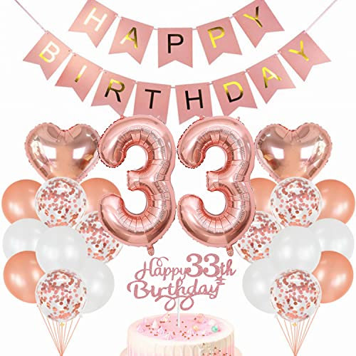 Conruich Geburtstagsdeko 33 Jahre Frau, Luftballon 33. Geburtstag Deko Set, Rosegold Tortendeko Geburtstag 33 Jahre Frauen, Ballon 33 Geburtstag Frau, Happy Birthday Banner Deko 33 Geburtstag Frau