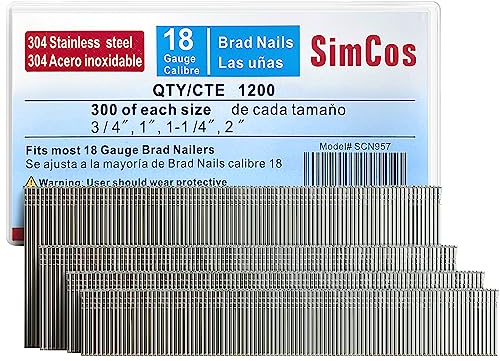 SimCos 18 Gauge 304 Stainless Steel Brad Nails (2,1-1/4 1, 3/4), Assorted 1200 Counts for 18 GA Pneumatic or Electric Brad Nailer or Brad Nail gun,Project Pack