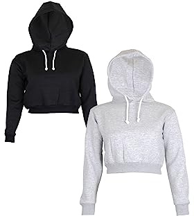 NOROZE Women's Plain Long-Sleeve Fleece Crop Top Hoodie Casual Sports Yoga Pullover Tops UK Sizes 8-14