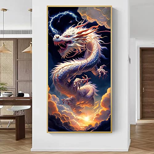 Diamond Painting Bilder Drachen, 5D DIY Diamond Painting Kit Erwachsene Kristall Full Drill Groß Bilder, Diamonds Malerei für Home Wand Dekor (60x110cm)