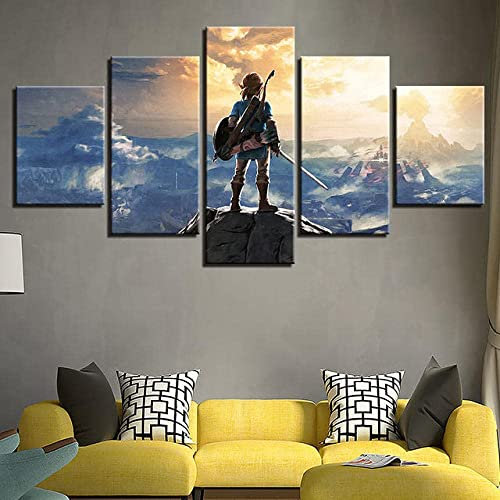 MUICIN Fototapete bewegt Zelda Anime 5 Stück Leinwandbilder Wohnzimmer Schlafzimmer Wohnkultur (mit Rahmen),XL