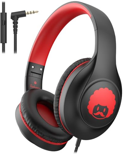 Rockpapa C24 Kids Headphones With Microphone - Lightweight Foldable Corded With 3.5mm Jack Cable for Boys Girls Youth - Stereo Wired for School Travel, Black Red