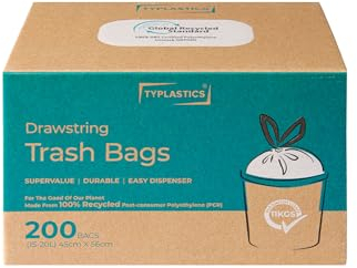 TYPLASTICS Bin Liners with durable drawstring Tie Handle, 15-20L, 200 Waste Bags, White, 100% Post-Consumer Recycled Material, Global Recycled Standard Compliant
