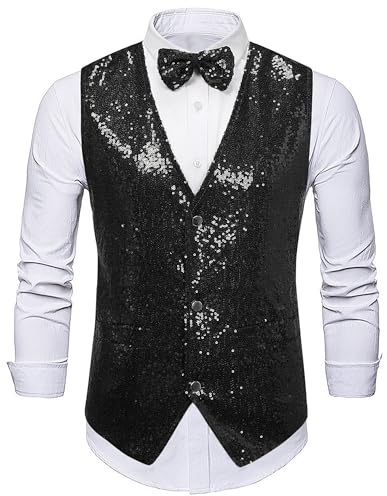 Panegy Herren Ärmellos Jacke mit Pailletten Weste mit Fliege Set Festival Karneval Disco Shiny Vest Herstellergröße XXL/DE Größe XXL-B-Schwarz