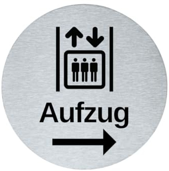 stahl-design-tebart Hinweisschild Piktogramm rund 7,5 cm Edelstahl selbstklebend graviert Edeloptik elegante Beschilderung langlebig AUFZUG RECHTS- 7,5x7,5x0,1cm