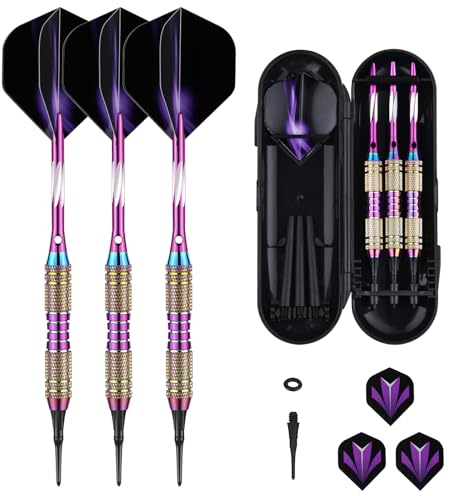 sanfeng Dartpfeile Kunststoffspitze 20 Gramm mit Rainbow Color Brass Barrel für Elektronische Dartscheibe, 50 Anti-Lose Gummiringe 6 Standard Flights 50 Spitzen