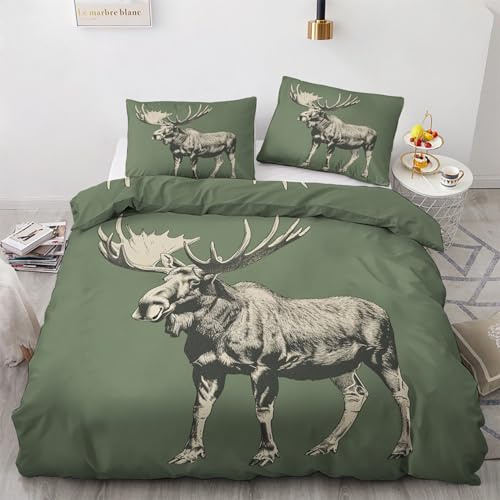 GEDAEUBA Elch Bettwäsche 155x220 - Salbeigrün Waldtiere Bettbezug 155x220 3 teilig, Wendebettwäsche und Kissenbezug 80x80, Weiche & Angenehme Mikrofaser Bettwäsche-Sets mit Reißverschluss