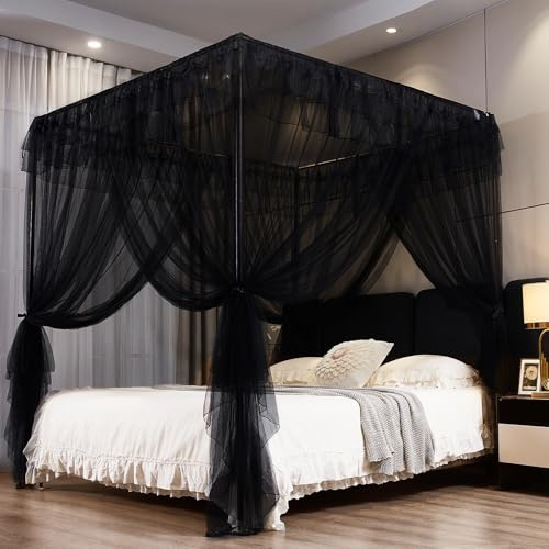 Kertnic Betthimmel-Vorhänge für Mädchen und Erwachsene, Queen-Size-Bett, Baldachin, Vorhänge, Netz, praktisches Moskitonetz für Bett, Schwarz, Kingsize-Bett - 218,4 cm B x 198,1 cm L x 208,3 cm H