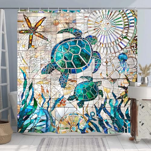 Accnicc Nautical Sea Turtle Shower Curtain Teal Blue Stained Glass Ocean Theme Coastal Shower Curtains for Bathroom Large Vintage Map Beach Waterproof Fabric Bath Curtain Decor 72x78 Inches