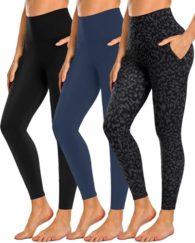 MOREFEEL 3er Pack Leggings Damen mit Tasche High Waist Leggins Elastische Blickdicht Leggings Sportleggins für Yoga Fitness Gym(Schwarz+Navy blau+Schwarzer Leopard S-M)