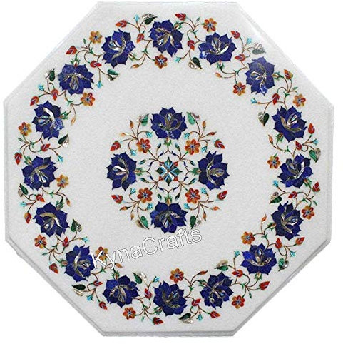 Table basse de 35,6 x 35,6 cm avec motif floral rose incrusté et aspect royal en forme octogonale en marbre blanc