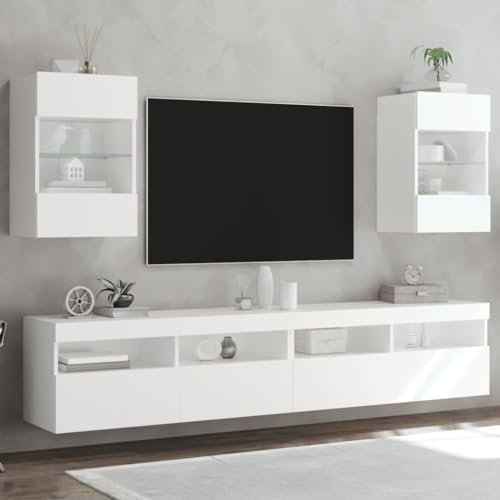 DYRJDJWIDHW Meuble Noir et Bois,Meuble TV Industriel Bois et Metal Noir,Meubles TV muraux avec lumières LED 2 pcs Blanc 40x30x60,5 cmConvient au Salon, à la Chambre à Coucher, à la Salle de séjour