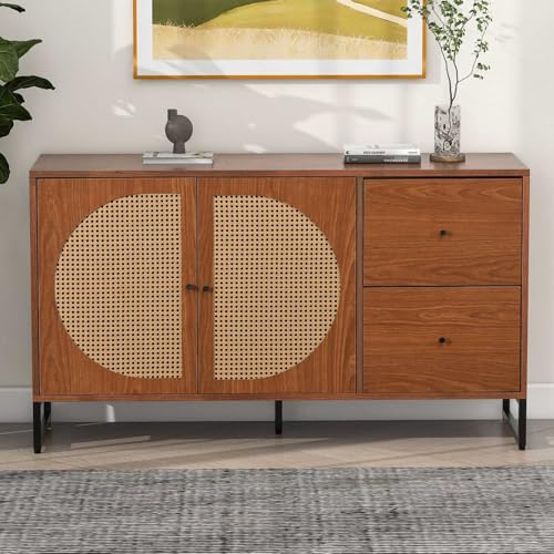 PUGSDRLY Kommode mit 2 Schubladen, 2 Türen, Wohnzimmermöbel, Sideboard, Sideboard, Esszimmer, moderner Schrank für mehrere Szenarien, Türen mit Dekor aus Rattan, Nussbaum, 130 x 40 x 75 cm