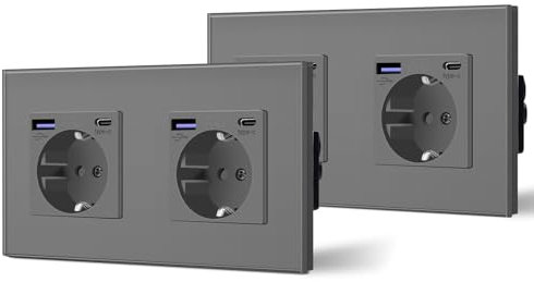 BSEED Enchufe Doble Pared con 20W USB y Tipo C,Enchufe USB C de Cristal,Carga Rápida,3 en 1,Fácil Instalación,2 Enchufes-2 Pack,157mm Gris