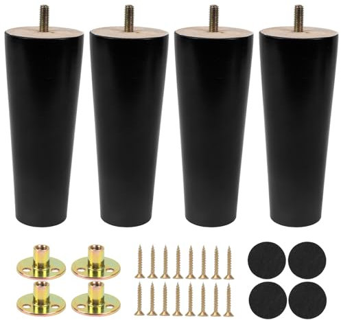 Luabue 4 Pièces Pieds de Meubles Coniques en Bois Ferreux de 15 cm pour Remplacement de Meubles de Canapé de Table avec Vis de Plaque de Montage et Protecteur Antidérapant