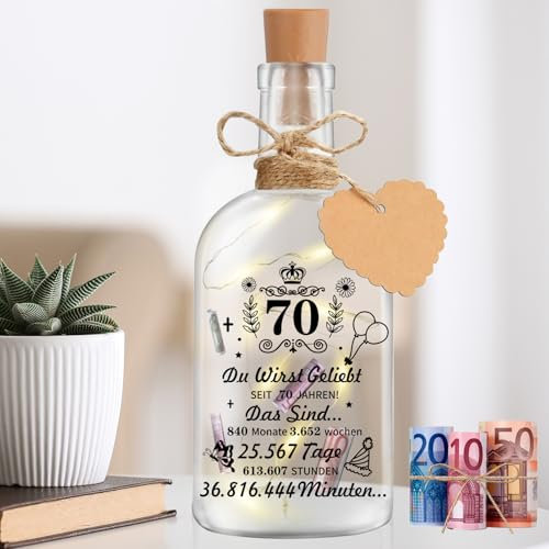 Szhhrxi LED Flaschenlicht mit Sprüche, 70. Geburtstagsgeschenk für Frau Mann, Geschenkideen zum Geburtstag Tischdeko, 70 Jahrestag Hochzeitstag Geschenk, LED Geldgeschenke Geburtstag (70)