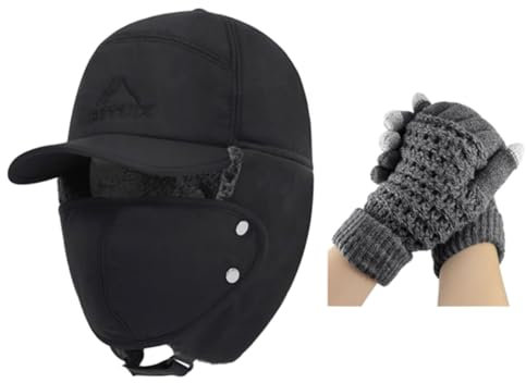 Moonlove Unisex Winter Trapper Hat with Touch Screen Gloves Ski Cap Neck Warmer Ear Flaps Thermal Trooper Hat with Removable Face Mask Skiing Cycling Headwear Full Finger Knit Gloves Black