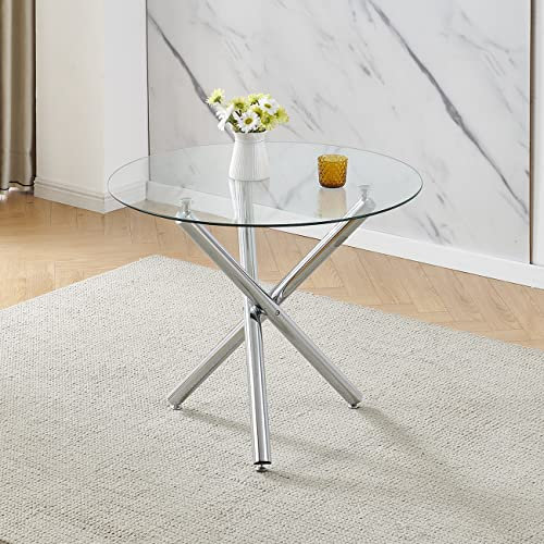 Table de salle à manger ronde moderne avec plateau en verre trempé 90 cm x 90 cm x 75 cm Pieds chromés Table de cuisine pour salle à manger