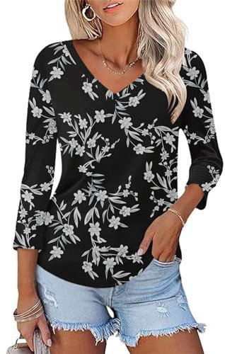Rapbin Womens Blouses for Floral Ladies Tops 3/4 Sleeve V Neck Going Out Shirts Casual Loose Fit Tunic Tops
