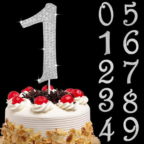 Tortendeko Geburtstag 1 Zahl Strass Glitter Cupcake Topper Zahl, Nummer 1 Cake Topper Zahlen Silber, Kuchendeko Zahl 1 Nummer, Geburtstagstorte Deko, für Geburtstagsfeiern, Babypartys, Hochzeitstag(B)
