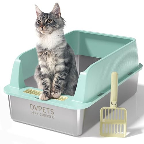 Stainless Steel Cat Litter Box, Extra Large Litter Box for Big Cats XL Metal Litter Pan Tray with High Wall Sides Enclosure, Non-Sticky, Anti-Leakage (Macaron Green, 24L x 16W x 11H)