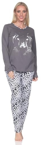 Normann Damen Schlafanzug Langarm Pyjama mit Animal Print Motiv - auch in Übergröße, Farbe:grau, Größe:56-58