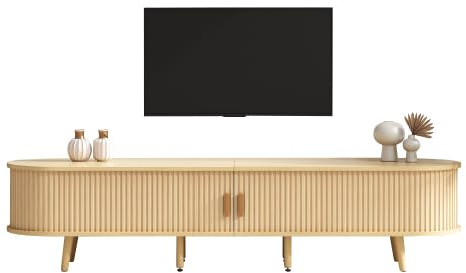 HAINEW Moderner TV Schrank TV Lowboard mit 2 Schubladen und 2 Schiebetüren, Oval TV Tisch Fernsehtisch Fernsehschrank mit Holzbeine für Wohnzimmer Schlafzimmer, 175×40×42cm, Holzfarbe