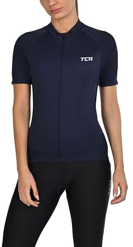 TCA leichtes Radtrikot für Damen - kurzärmliges Fahrradtrikot Damen - Athletic Fit Rennrad Trikot - Fahrrad Shirt mit 3 Rückentaschen - Radtrikot Kurzarm - Radbekleidung - Dunkelblau, S