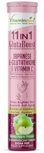 Vitaminnica Gluta Boost 11-in-1 Effervescent Tablets with Japanese L-Glutathione, Collagen, & Hyaluronic Acid | Skin Radiance & Beauty Supplement | 15 Tablets (Pack of 1, Green Apple)