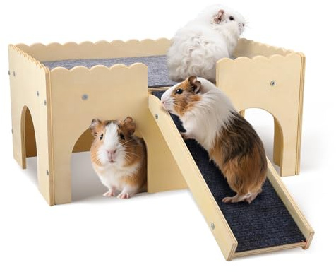 Cachette pour Cochon d'Inde - Jouet en Bois pour Cochon d'Inde - avec escalier et Tapis - 2 Animaux - pour Hamsters, Lapins et Chinchillas