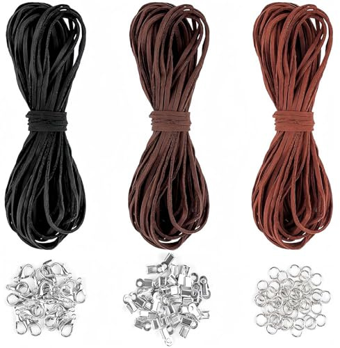 Lederschnur in 3 Farben - Echtes Leder mit Verschluss für die Schmuckherstellung - DIY-Armband, Halskette Bastelbedarf - Faux Suede Rope für Beading & Macramé (10m x 3mm)