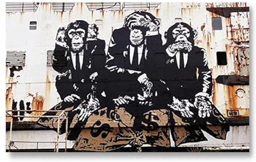 18meng Art Banksy Bild Auf Leinwand 90x70 cm Banksy Drei Affen 1 tlg Modern Wandbilder Leinwandbild Kunstdruck Wanddeko Bilder Canvas Design For Wohnzimmer Schlafzimmer Wanddeko Rahmenlos