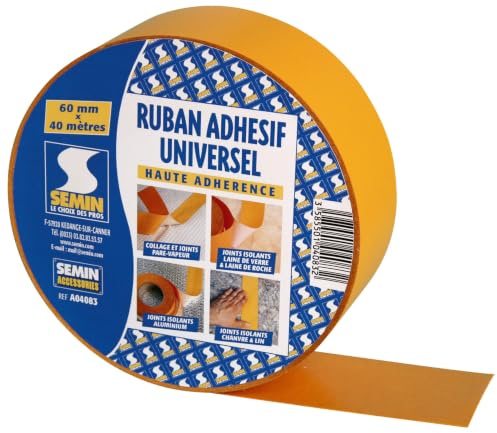 SEMIN Ruban adhésif universel haute adhérence 60 mm x 40 m - Joint pare-vapeur - Étanchéité à l’air – Isolation laine de verre, roche, chanvre, lin et aluminium