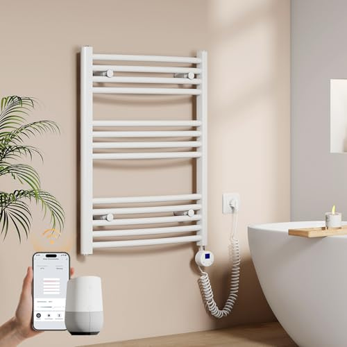 EMKE WiFi Badheizkörper Elektrisch 750x600 mm - Gebogen Handtuchheizkörper Elektrisch, Elektrischer Handtuchwärmer Handtuchtrockner mit Thermostat und Heizstab - 300W, Weiß