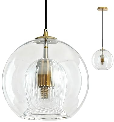 XIRYTU-H Lampadario a Globo in Vetro Moderno e Base Dorata, E27 Lampada a Sospensione Regolabile, Industrial Lampada da Soffitto per Isole Cucina, Soggiorni, Camere da Letto (Trasparente, 25CM)