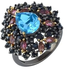 AZURFA Bague plaquée or rhodium noir avec topaze bleue, saphir rose et onyx noir • Pierres à facettes bleues roses et noires • Bijoux tendance pour femme 60 (19,1), R 1/2
