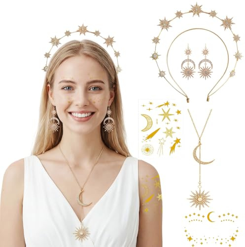Sonne Mond Sterne Haarreif Gold Mond Halo Kopfschmuck Ohrringe Zubehör Boho Schmuck für Damen Karneval Fasching Halloween