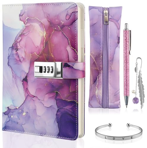 Foymlon Tagebuch mit Code für Mädchen A5 Set, Schreibset Mädchen mit Zahlenschloss, Teenager Tagebuch mit Schloss in Lila, Geschenkbox mit Mäppchen, Stift, Lesezeichen und Armband